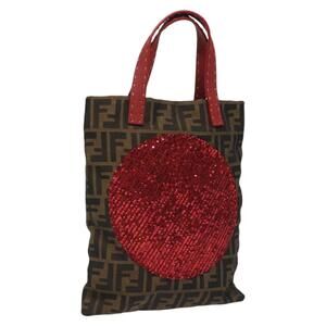 FENDI Zucca Canvas Hand Bag Sequin Black Brown